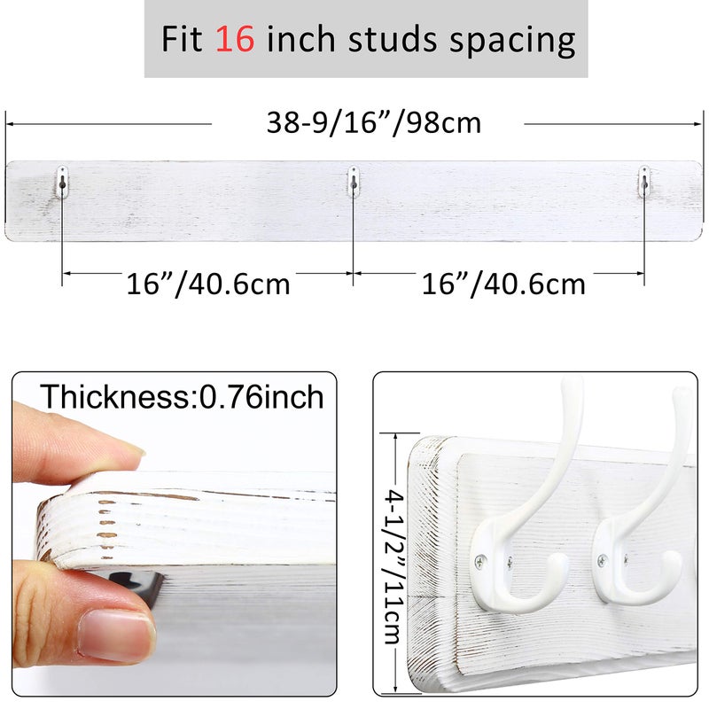 WEBI Coat Rack Wall Mount,10 Hooks,38 9/16" Long Coat Hooks Wall Mounted Large,16" Hole to Hole,Wood Coat Hanger Wall,Hooks for Hanging Coats,Jacket,Clothes,Hats,White - Image 4